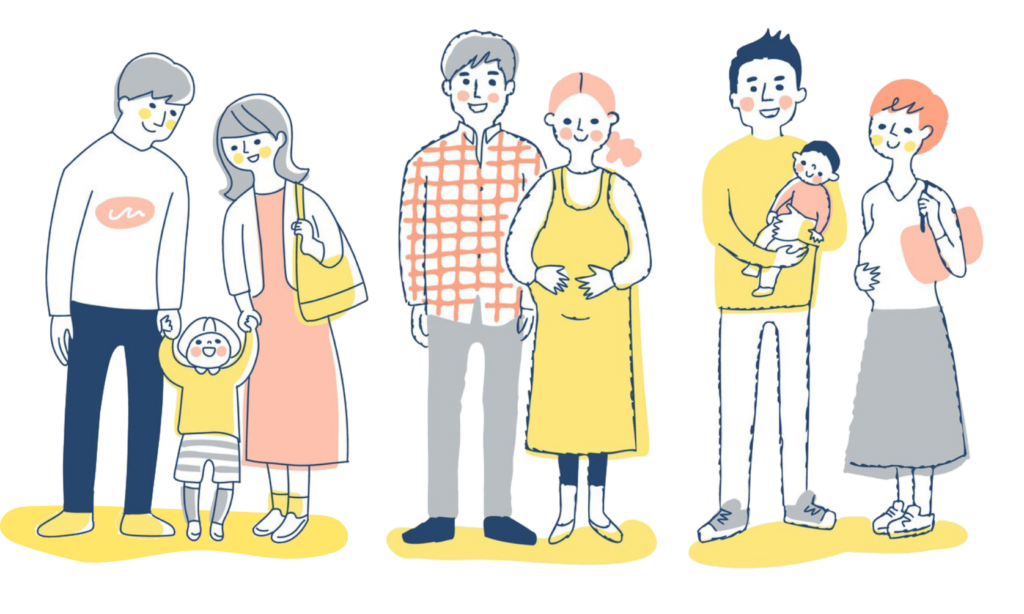 笑顔の親子や妊婦さん、パートナーが並ぶ温かい家族のイラスト