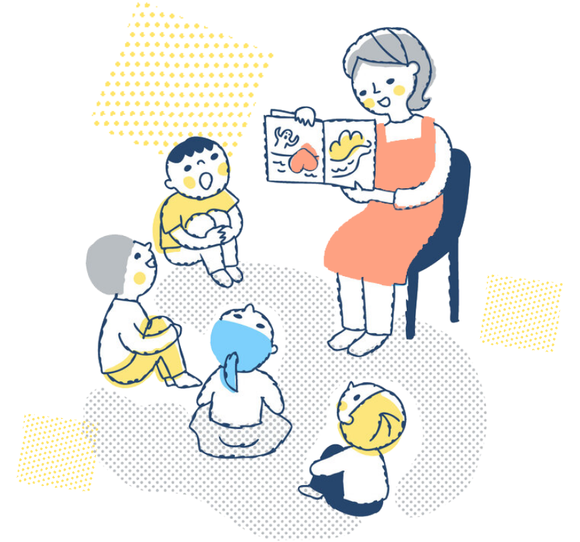 絵本の読み聞かせを真剣に楽しむ子供たちとスタッフのイラスト