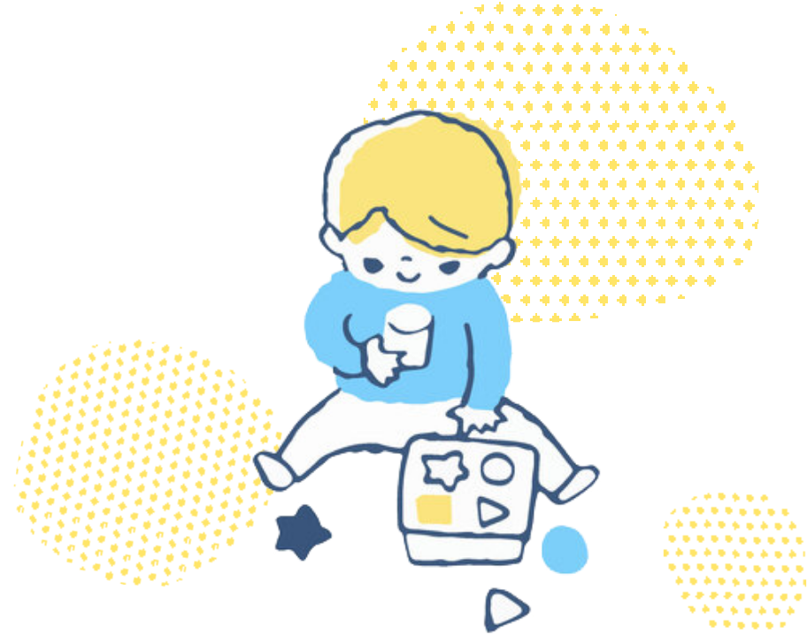 青い服を着た金髪の幼い子どもが、形合わせおもちゃで一人遊びをしているイラスト。星や三角などのピースを手に持ち、床に座って集中して遊んでいる微笑ましい様子。