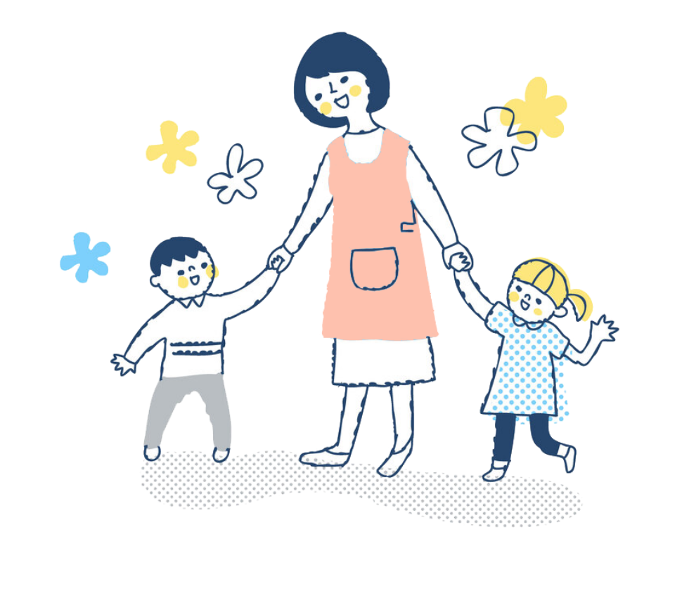 エプロンをつけた保育スタッフと笑顔で手をつなぐ子供たちのイラスト