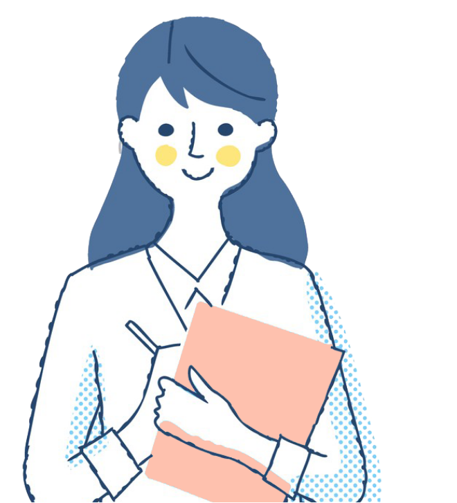 ピンクのファイルとペンを持つ女性のイラスト。ネイビーのロングヘアで白いシャツを着た女性が、書類を抱えながら微笑んでいる、仕事をする女性の姿。