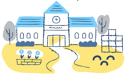 時計塔のある学校の校舎イラスト。青と白を基調とした建物の前には花壇と畑があり、両脇には木が植えられている。広い校庭が広がる、のどかな小学校の風景。