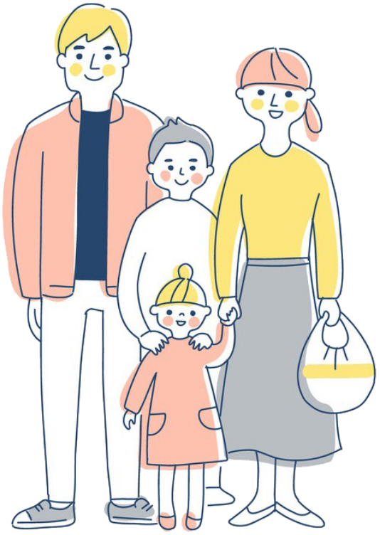 ピンク色の帽子をかぶった幼い女の子を中心に、4人家族が仲良く並んでいるイラスト。オレンジのジャケットの父親、黄色いトップスにスカート姿でバッグを持つ母親、そして兄か姉と思われる子どもも一緒に、笑顔で寄り添う微笑ましい家族の様子。