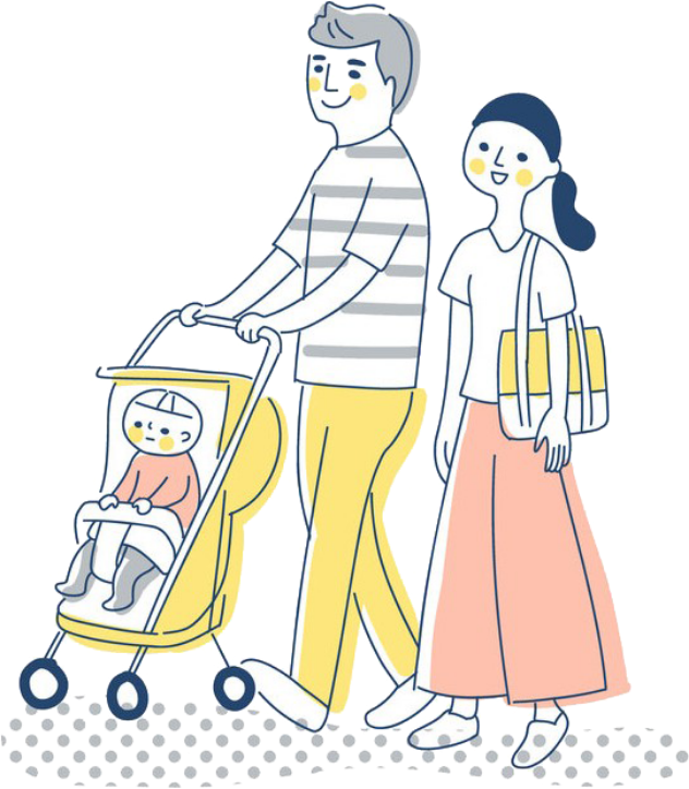 ボーダー柄のシャツを着た父親がベビーカーを押し、バッグを持った母親が隣に寄り添いながら、親子3人でお散歩しているイラスト。ベビーカーには小さな子どもが乗っており、穏やかな雰囲気の家族のお出かけの様子。