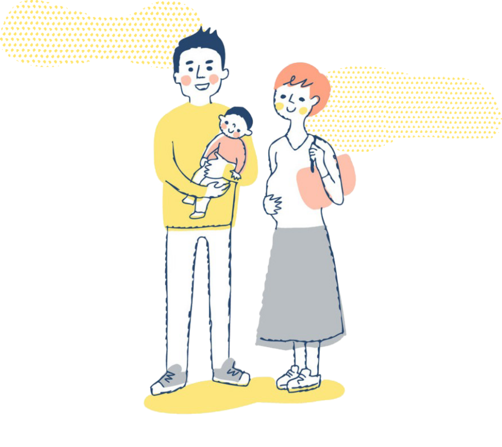 赤ちゃんを抱いたお父さんと、お腹の大きな妊婦さんが笑顔で並ぶ家族のイラスト