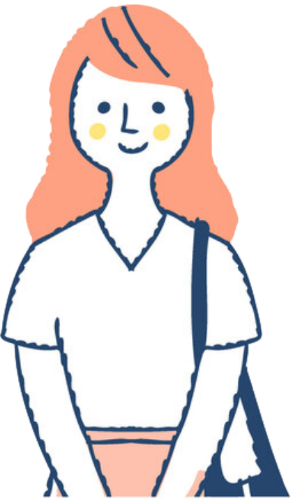 ピンクのロングヘアの女性がショルダーバッグを肩にかけて立っているイラスト。白いVネックTシャツにピンクのボトムスを合わせ、穏やかな笑顔でこちらを向いている保護者の様子。
