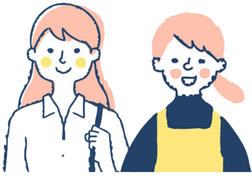 バッグを持った保護者と保育士が並んでいるイラスト。白いシャツにバッグを肩にかけたピンクのロングヘアの女性と、黄色いエプロンをつけた保育士の女性が、笑顔で向き合っている様子。