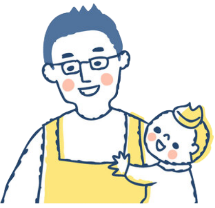 メガネをかけた父親が赤ちゃんを抱っこしているイラスト。ネイビーの髪に黄色いエプロンをつけた男性が、金色の髪の赤ちゃんを胸に抱き、二人とも笑顔で幸せそうな様子。