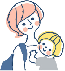 ピンクのボブヘアの母親と金髪の幼い子どものイラスト。母親は青いバッグを肩にかけ、子どもを優しく見守りながら並んで歩いている、微笑ましい親子の姿。