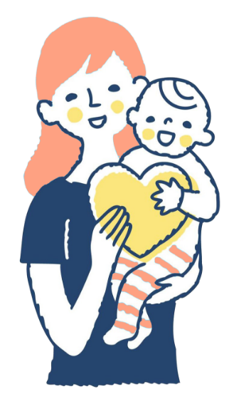 ピンクのロングヘアの母親が赤ちゃんを抱っこしているイラスト。ネイビーのTシャツを着た母親が、ハート形のクッションを持ったボーダー柄のズボンの赤ちゃんを優しく抱きしめ、二人とも笑顔で幸せそうな様子。